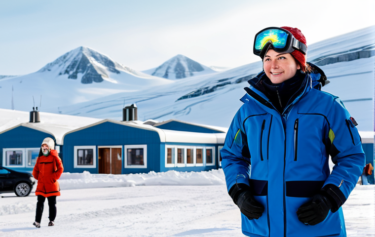 A professional female engineer, fully clothed in a modest, insulated, high-tech winter uniform, standing in a large, well-lit central plaza of a thriving arctic settlement. Advanced, energy-efficient buildings with glowing windows are visible in the background, covered in pristine snow. Citizens are seen in the distance, fully clothed in appropriate attire, engaged in daily activities. The scene conveys a sense of prosperity and technological advancement in a challenging environment. safe for work, appropriate content, perfect anatomy, correct proportions, natural pose, well-formed hands, proper finger count, natural body proportions, professional photography, high quality, family-friendly.
