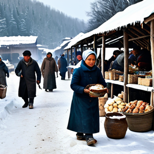 Home 6 **
A bustling marketplace scene in a snow-covered settlement. Villagers in thick, practical clothing are actively bartering goods like firewood, food rations, and tools. Stalls are laden with resources. A sense of community and resilience is evident amidst the harsh winter environment. "Safe for work," "appropriate content," "fully clothed," "professional," "perfect anatomy," "correct proportions," "natural pose," "high quality."
**