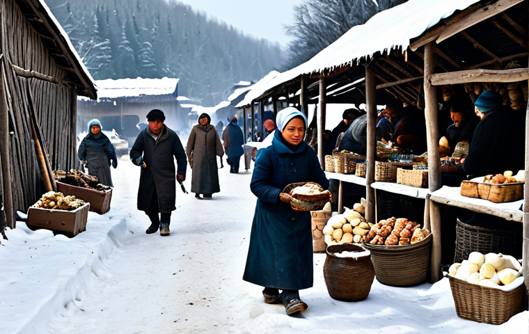 **

A bustling marketplace scene in a snow-covered settlement. Villagers in thick, practical clothing are actively bartering goods like firewood, food rations, and tools. Stalls are laden with resources. A sense of community and resilience is evident amidst the harsh winter environment. "Safe for work," "appropriate content," "fully clothed," "professional," "perfect anatomy," "correct proportions," "natural pose," "high quality."

**