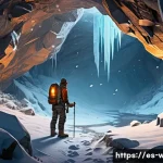 화이트 아웃 서바이벌 전설급 아이템 획득법 - A detailed scene of a survival explorer in a snowy, abandoned mountain cave, searching for legendary...