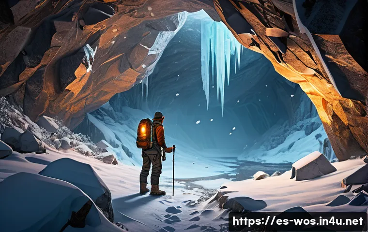 화이트 아웃 서바이벌 전설급 아이템 획득법 - A detailed scene of a survival explorer in a snowy, abandoned mountain cave, searching for legendary...