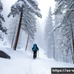 화이트 아웃 서바이벌 환경 상호작용 사례 - A hiker navigating through a dense whiteout snowstorm in a mountainous forest, wearing high-quality ...