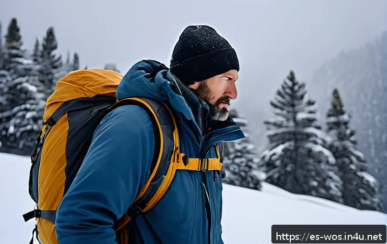 화이트 아웃 서바이벌 개발자 인터뷰 - A tense survival scene set in a dense snowstorm on a frozen mountainous landscape, featuring a rugge...