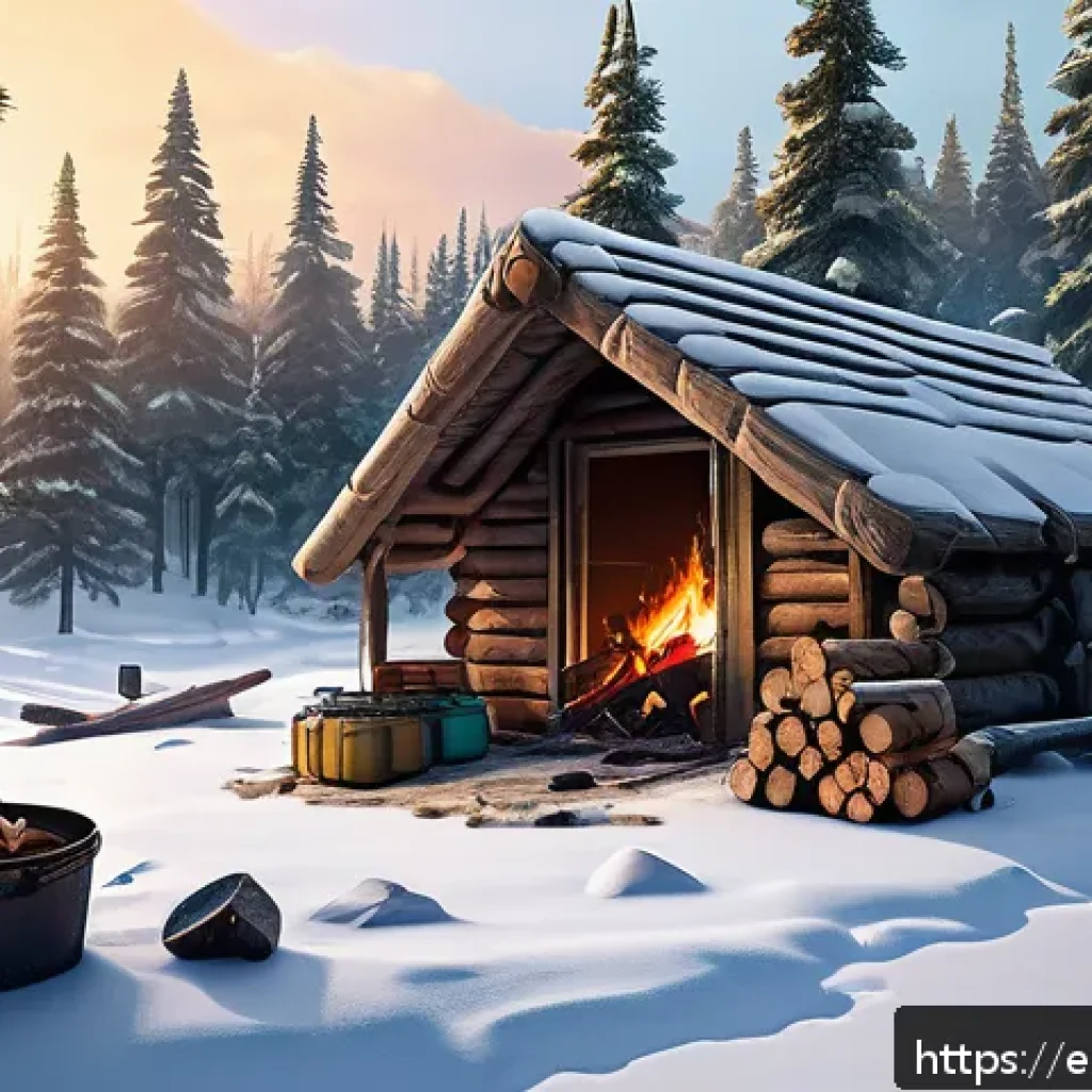 화이트 아웃 서바이벌 일일 퀘스트 보상 - A detailed digital art scene of a rugged survival base in a snowy wilderness, showcasing wooden shel...