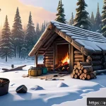 화이트 아웃 서바이벌 일일 퀘스트 보상 - A detailed digital art scene of a rugged survival base in a snowy wilderness, showcasing wooden shel...