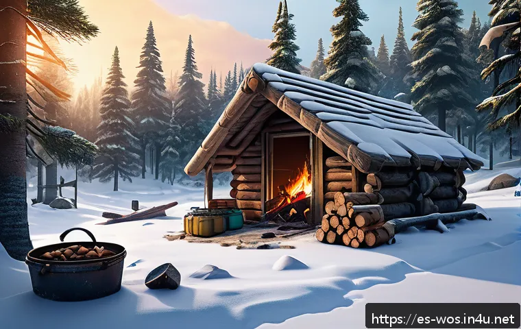 화이트 아웃 서바이벌 일일 퀘스트 보상 - A detailed digital art scene of a rugged survival base in a snowy wilderness, showcasing wooden shel...